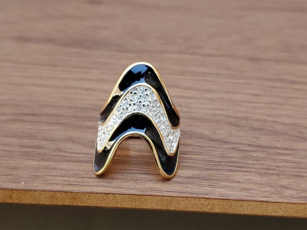 Vintage 18K Yellow Gold Plated Black Enamel And Rhinestones Ring Size 8