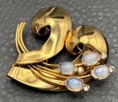 Vintage Coro Pegasus Faux Opal Glass Rhinestone Floral Brooch Modernist