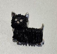 Vintage Black Enamel Scottish Terrier Dog Brooch Pin W Rhinestone Eyes