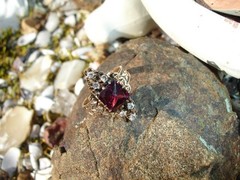 old antique 14K Rose Gold Victorian RING purple red gem Diamond Triads 3.75 2.6g