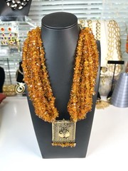 Vintage Amber Tone Glass Chip Multi Strand Necklace Artisan Pendant Heavy 9oz