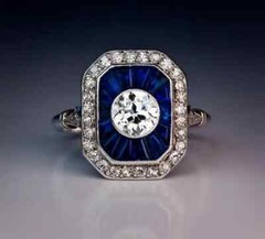 Art Deco Style Lab Created Diamond & Sapphire Wedding 14K White Gold Finish Ring