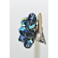 Vintage Crystal Clip On Earrings Deep Navy Blue AB Cluster Glamour 1950s A24