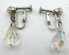 VTG GLASS CRYSTAL ? EARRINGS AB BEAD SCREW BACK drop dangle Silver tone Earrings
