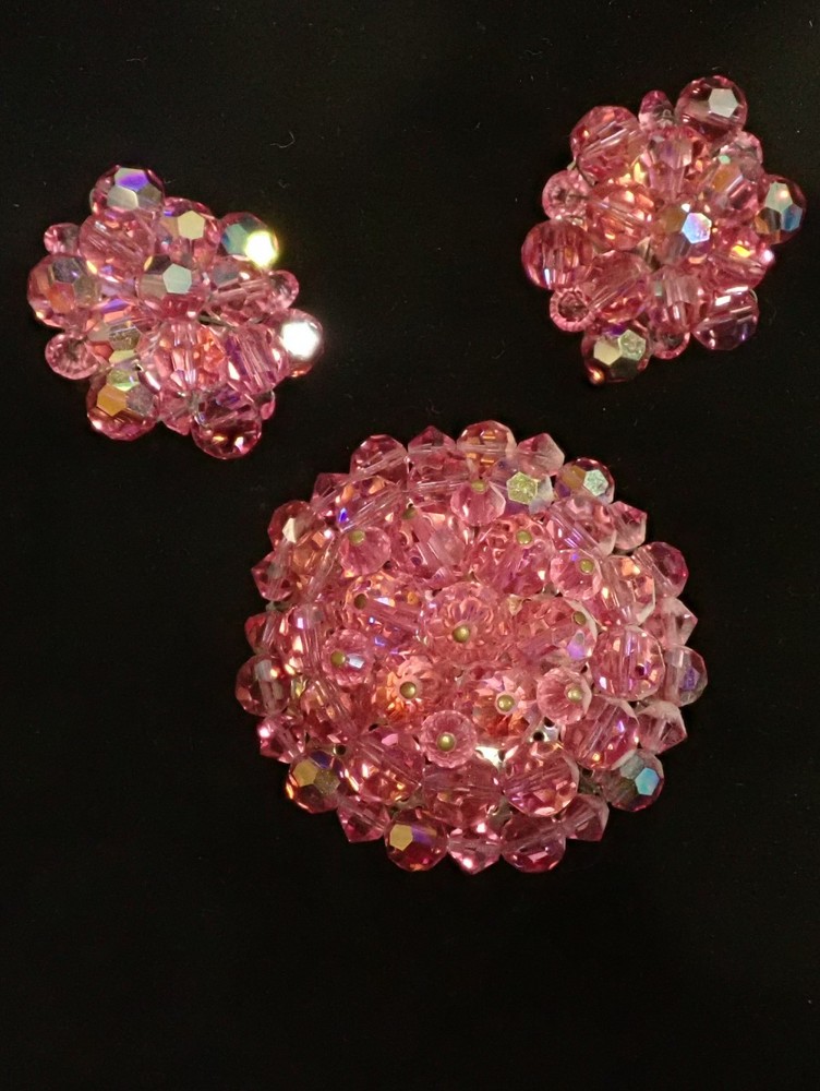 Vntg Brooch & Clip-on Earrings, Pink Aurora Borealis Crystal, Wired, Silver-Tone