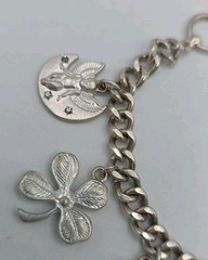 Vintage Silver Tone Chunky Charm Bracelet Heart Key Clover 8″ Cross Love Luck