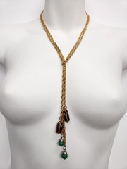 VTG Long Gold Tone Faux Agate & Chrysophase Beads Convertable Lariat Necklace