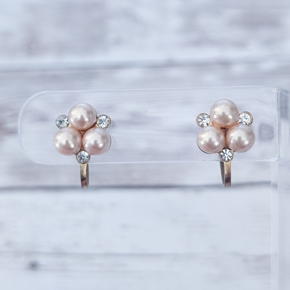 Vintage Screw Back Earrings Dainty Faux Pearl & Clear Gem Trio 0.5″