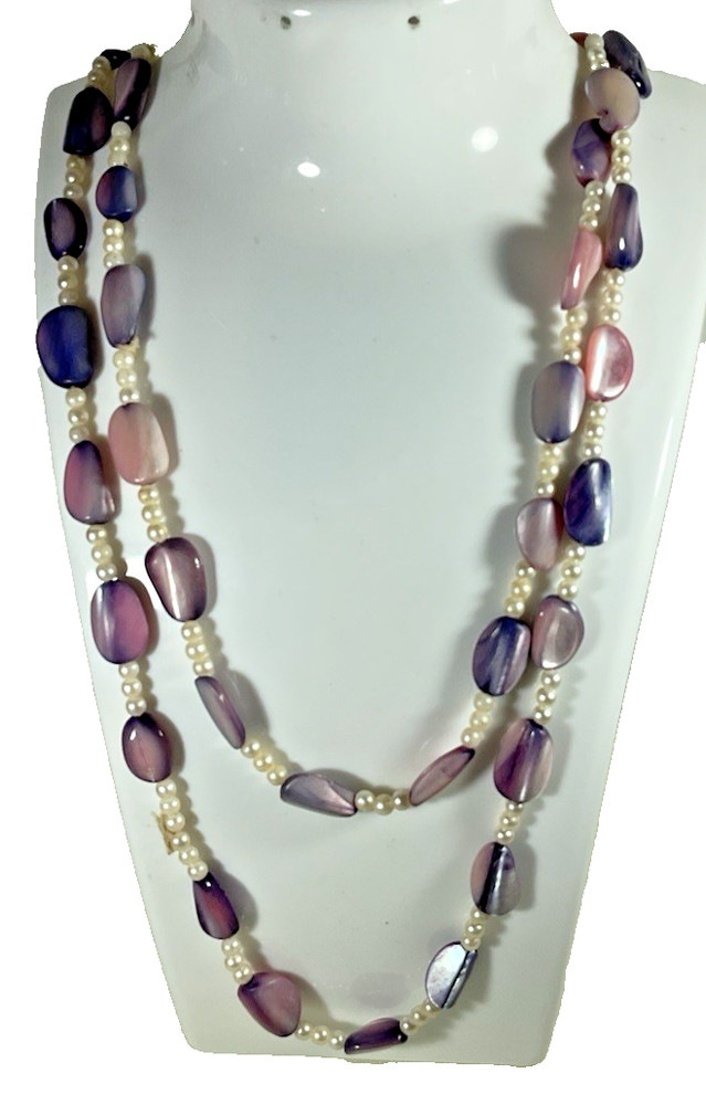 Vintage Pastel Beaded Necklace Faux Pearl Lavender Purple 19.5″ Acrylic Beads