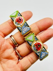 Vtg ITALIAN Mosaic Flower Red Green Yellow Gold Tone Bracelet