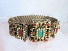 Antiqu Victorian Brass Mesh Faux Emerald Faux Carnelian Bracelet Intricate Clasp