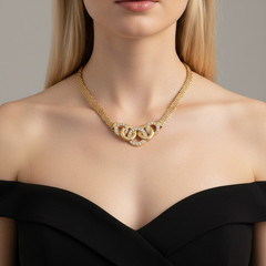 Vintage Gold Woven Mesh Collar Necklace Interlocking Ring Pierced Clip Earring