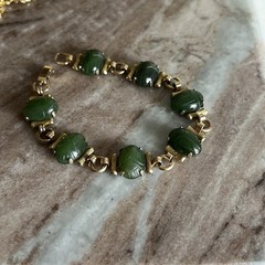 Vintage Rare Kremetz Jade Agate Scarab Gold Tone Bracelet