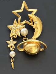 Vintage Crescent Moon /stars & Saturn Brooch / Gold Tone Metal W/ Faux Pearls