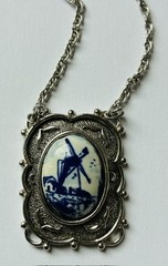 Sarah Coventry Blue White Delft Dutch Windmill Pendant Necklace & Ring, Vintage