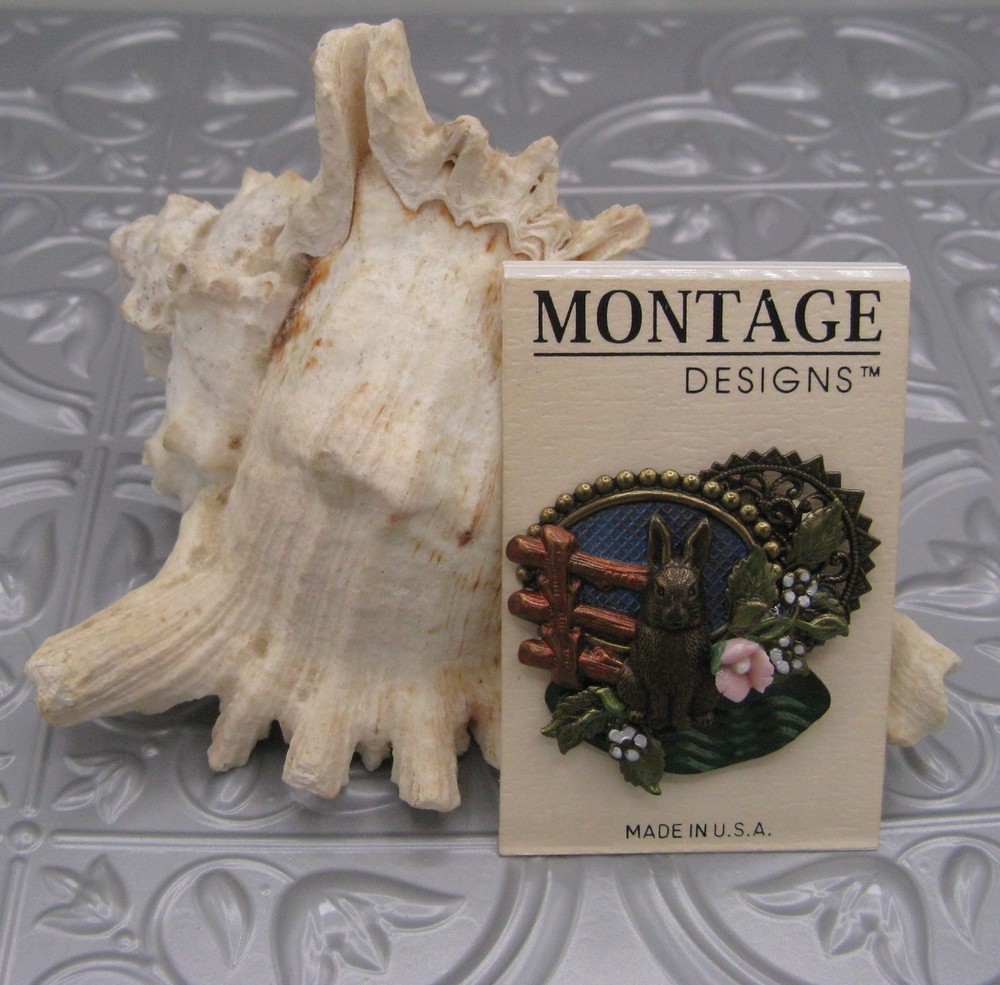Montage Designs Vtg 1990s Brooch Bunny Rabbit Country Flower Mixed Media Collage