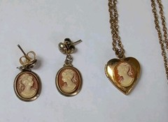 Vintage Faux Cameo Brooch Necklace And 2 x Earrings