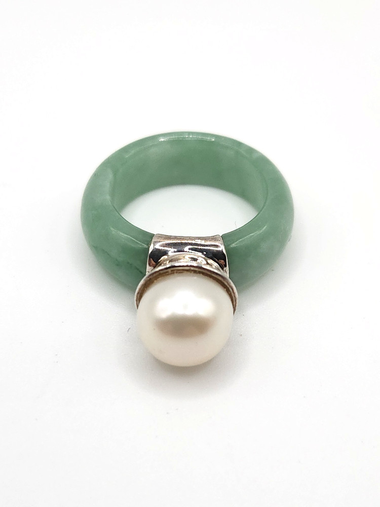 Vintage 925 China Green Jade Jadeite 6.5 Mm Pearl Ring Statement Piece Runway