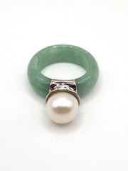 Vintage 925 China Green Jade Jadeite 6.5 Mm Pearl Ring Statement Piece Runway