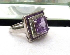 DESIGNER TC 5.62 ASSCHER AMETHYST HALO WHITE ZIRCON STERLING SILVER RING SZ 10