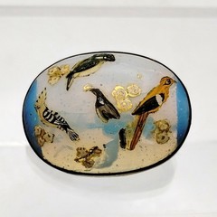 Antique Opalescent Glass Brooch Hand-Painted Birds C Clasp Victorian 1.5″