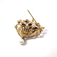 Antique 14k Stamped Yellow Gold Garnet & Pearl Brooch Pin