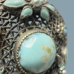Antique Czech Glass Filigree Enamel Turquoise Blue Fur Dress Clip Brooch NEIGER?