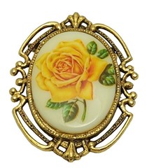 Vintage Yellow Rose Cameo Brooch Gold Tone Ornate Pin Romantic Gift for Her