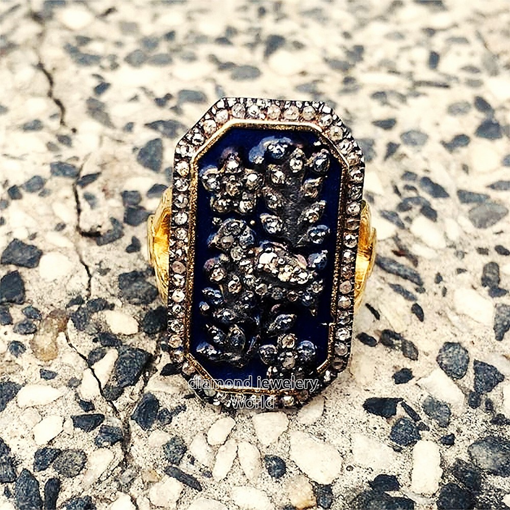 2.30ctw Genuine Old Mine Rose Cut Diamond Enamel Victorian Silver Ring Jewelry