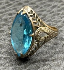 Vintage Marquise Blue Faux Topaz Glass Filigree Statement Ring Sz 5.5