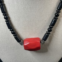 Vintage Genuine Red Coral Necklace Chunky Coral Black Onyx Bead 17” Gift for Her