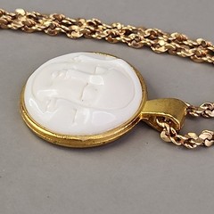 Vintage Triple Moon Face Pendant Necklace Crisscross Gold Tone Chain 22″