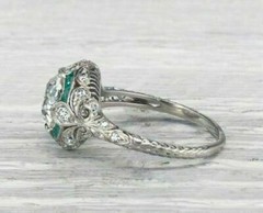 Art Deco Round Lab Created Diamond & Emerald Wedding 14Ct White Gold Finish Ring
