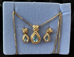 Vintage Avon Goldtone Teardrop Blue Topaz Color Necklace and Earring Set