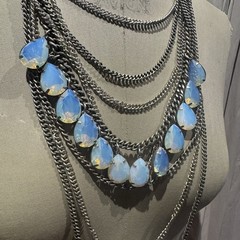 VTG Y2K Opaline Moonstone Faceted Glass Multi Strand Statement Necklace Unworn!
