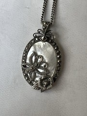 Vtg Sterling Mother of Pearl Marcasite Butterfly Pendant And None Silver Chain