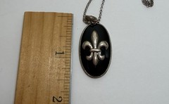 Vintage Sterling Silver 925 Black Onyx Fleur De Lis Pendant Necklace Italy Chain
