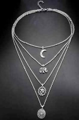 Chic Trendy Boho Multi-Strand Chains Silver Tone Moon Elephant 20-26″ Necklace