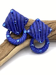 Jeff Lieb Signed Blue Rhinestones Clip On Earrings Squares W/ Detachable Circles