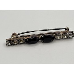 Vintage Art Deco Bar Brooch Pin Black Glass Navette Prong Set Rhinestone