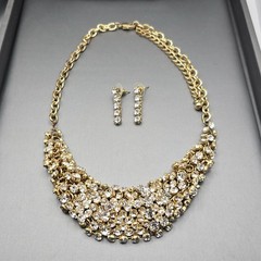 Gold-Tone Statement Necklace & Drop Earrings Set w/ Prong Set Clear Rhinestones