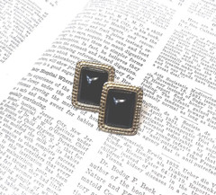 Vintage signed Trifari Black and Gold Earrings, Art Deco Style Geometric Rectang