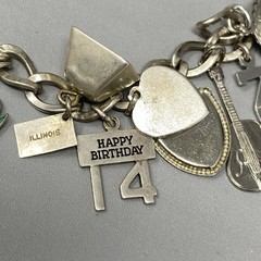 VTG 20 Charm Bracelet Sterling Silver Birthday Natie Cowbell School Hearts 6.5″