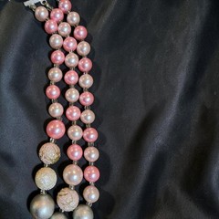 Vintage Japan-Stamped Pink Gray 3 Strand Beaded Bib Necklace Faux Pearl Crystal