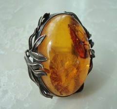 LARGE 1 ½” x 1 ⅜” Vintage AMBER STERLING Silver LEAVES RING 19.5 grams Size 8