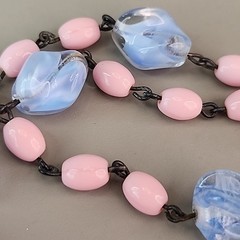 Vintage Art Deco Beaded Necklace Blue Givre Pink Milk Glass 59″ Long Flapper