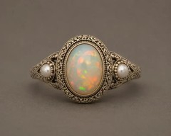 Vintage Ethiopian Opal Ring Pearl Side Stone Antique Engraved Ring
