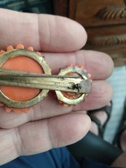 Antique Red / Orange Coral Color Czech Glass Pin / brooch carved chrysanthemum