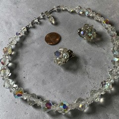 1950s Aurora Borealis Faceted Crystal Choker and Cluster Clip On Earrings Set