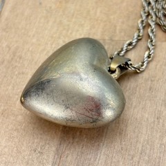 2 Vtg Puffy Heart Necklaces, Gold Tone, 1.5″, Rope Chain 30″, Other 22″